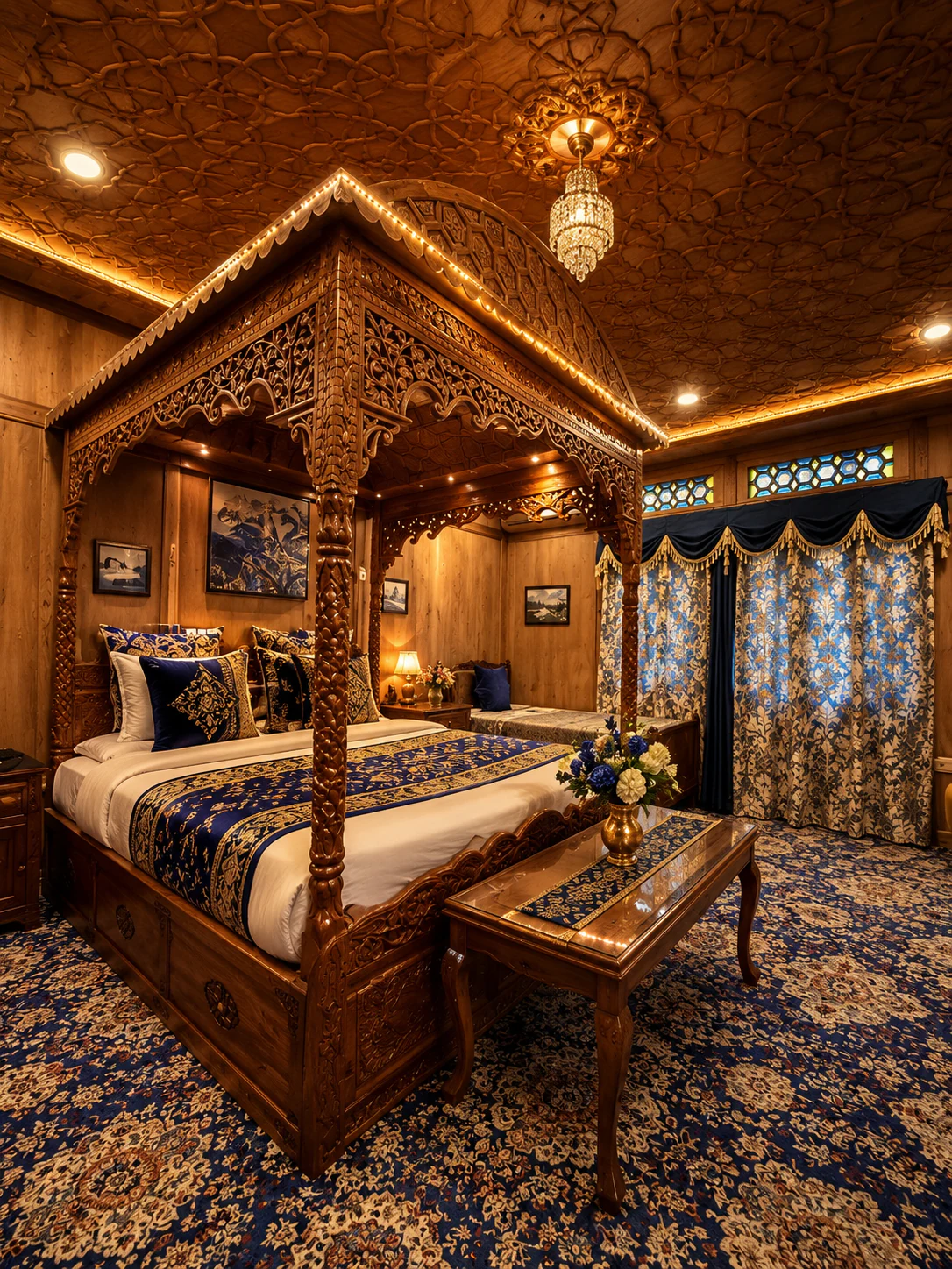 Ornately carved canopy bed and blue patterned furnishings at Crown of India